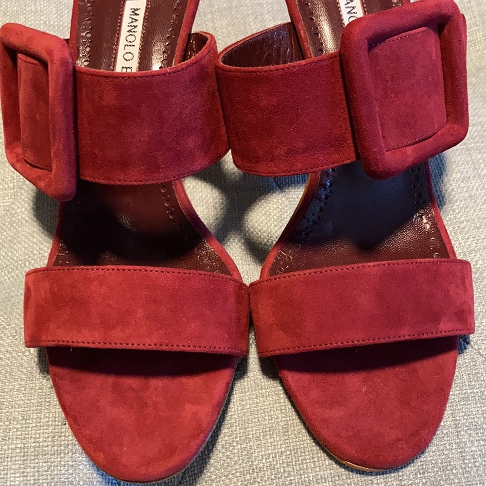 Manolo Blahnik Gable Dark Red Suede Open Toe Mules